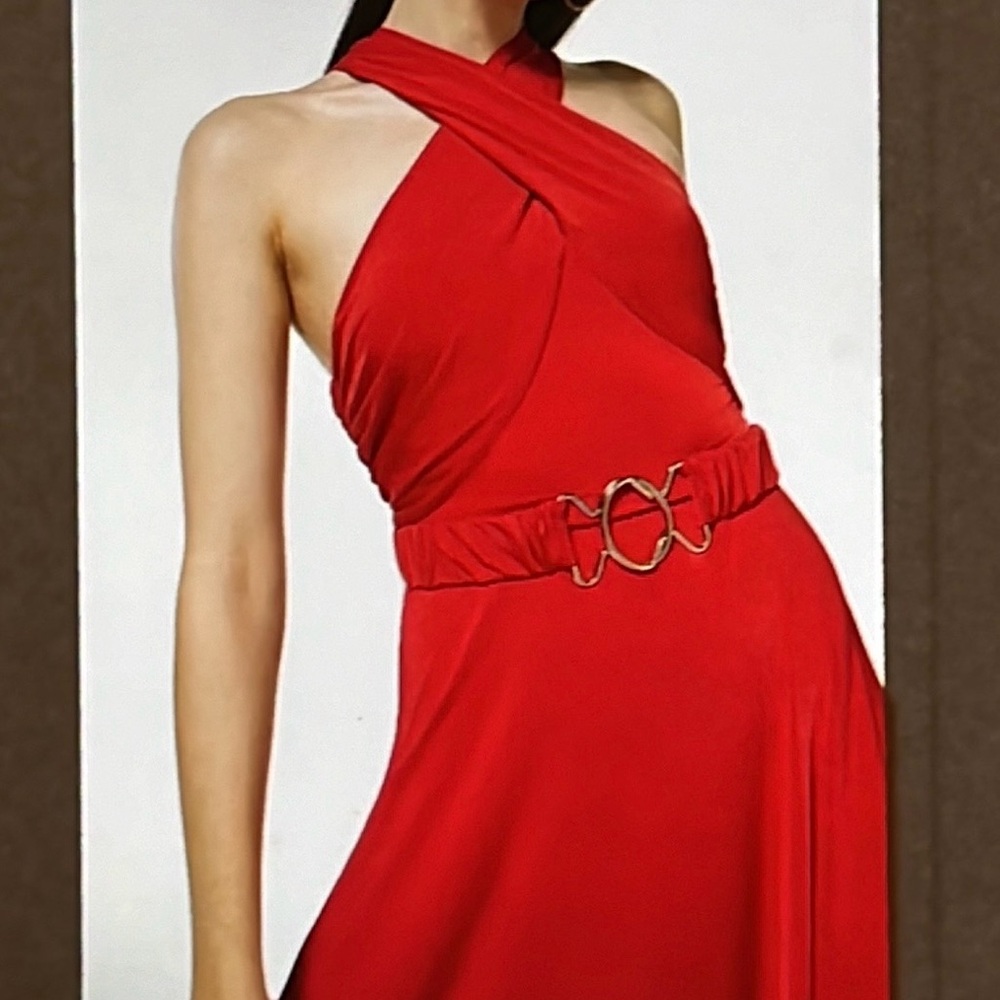 Karen Millen Red Cross-Neck Maxi Dress with Statement Belt